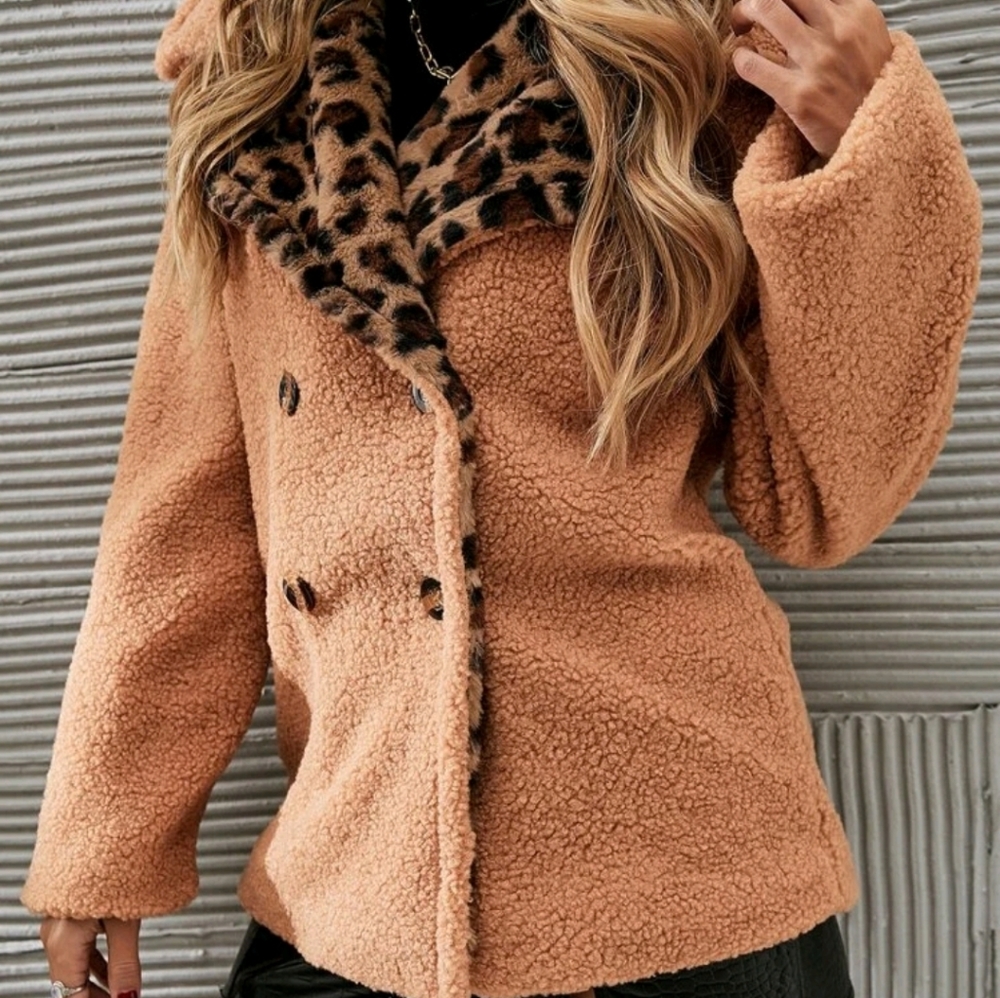 Leopard Print Double Button Teddy Coat - Picture 6 of 7